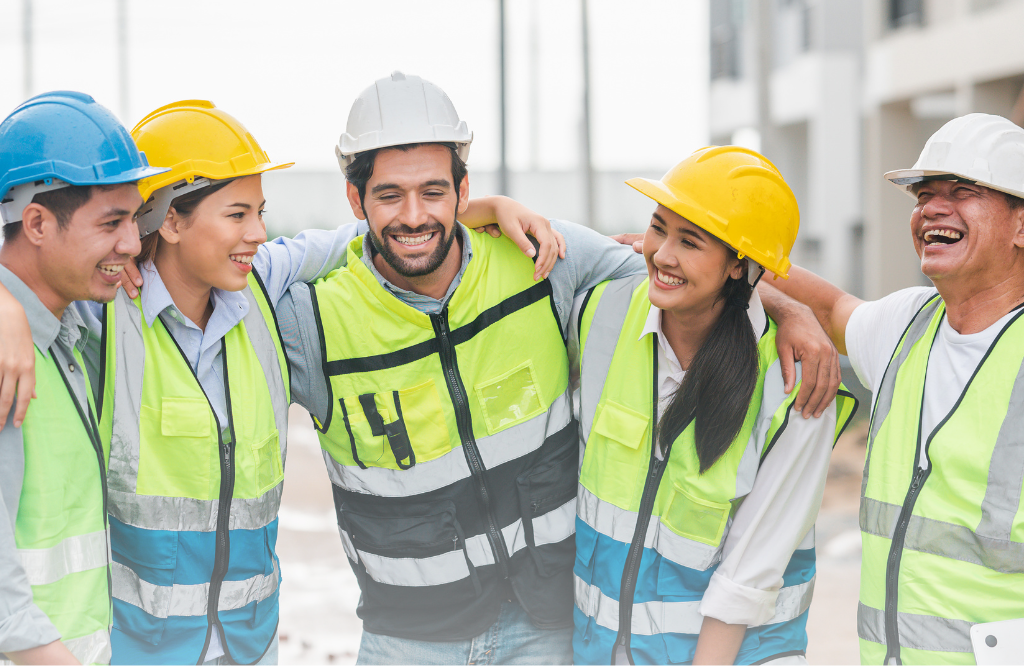 Construction workers smiling while on-site